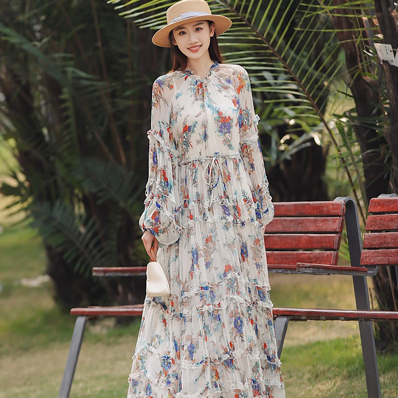 拜占庭的森林真丝桑蚕丝连衣裙贵夫人高贵上档次气质宽松收腰长裙