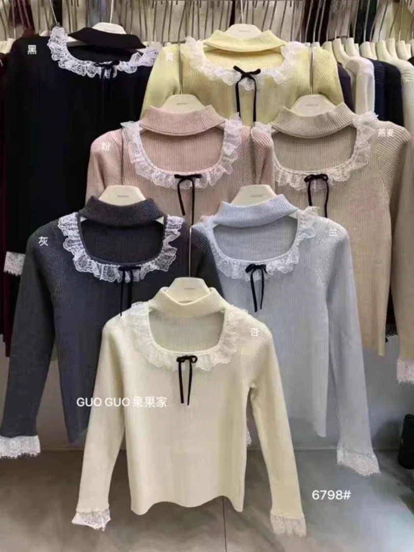 纯欲风挂脖针织打底衫女秋冬收腰蕾丝拼接长袖上衣039