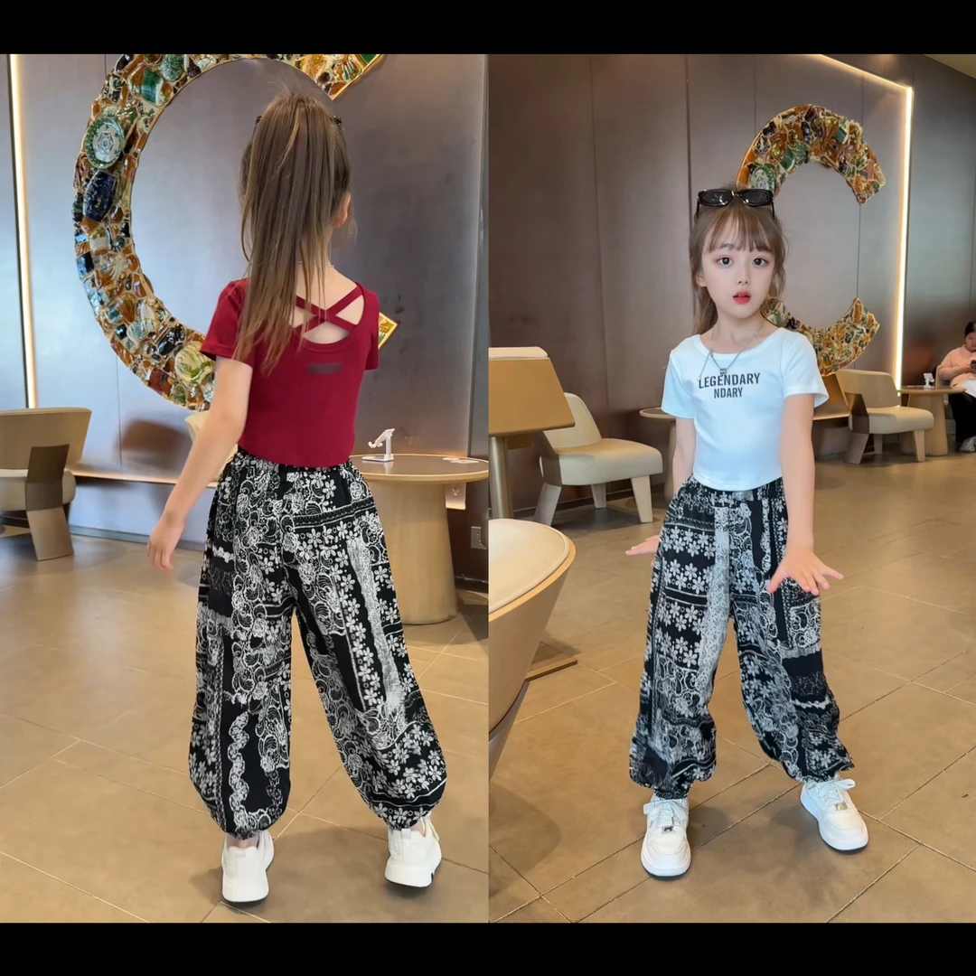 女童新款时尚韩版辣妹短袖T恤2025韩版洋气夏季韩版薄款防蚊裤