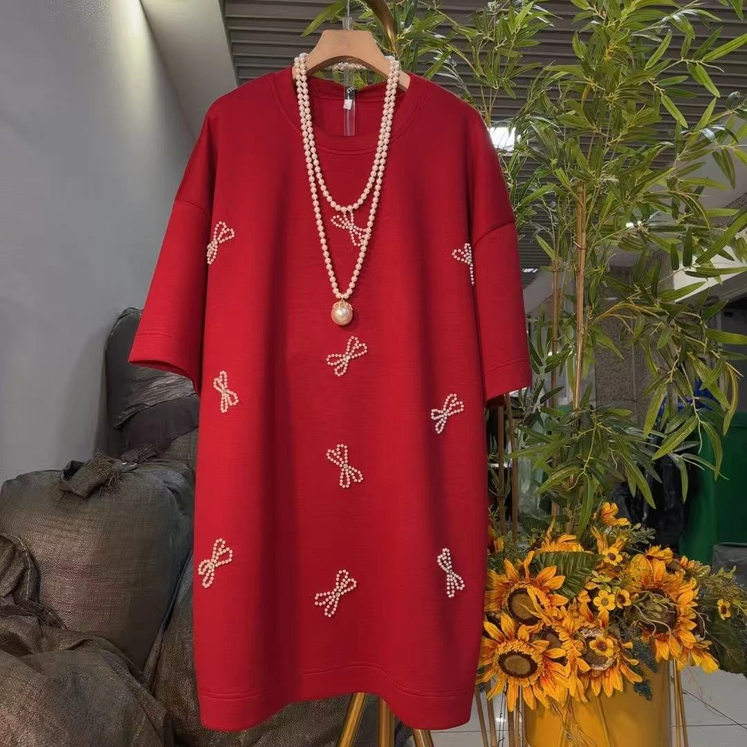 时尚洋气钉珠蝴蝶结T恤长款微胖大码宽松型女大衫短袖圆领9120