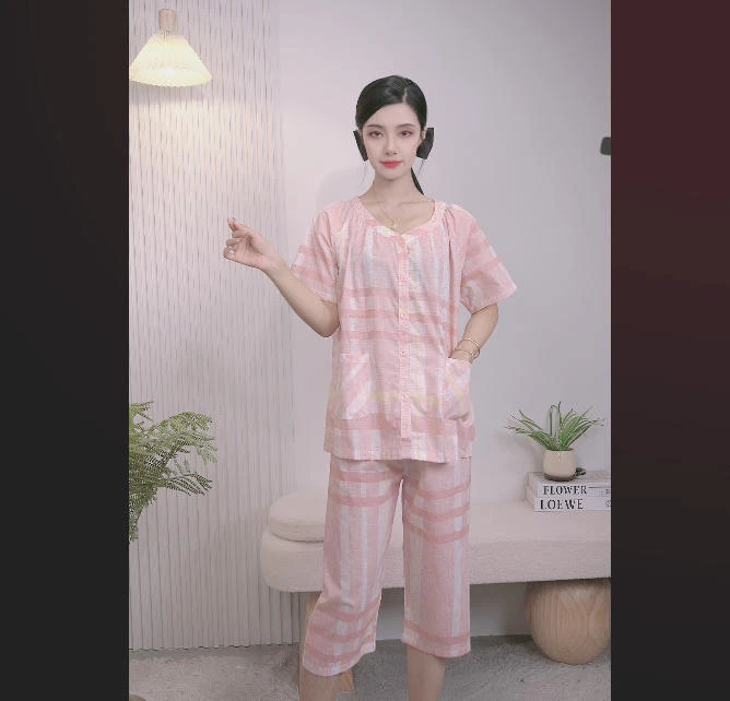 短袖七分裤睡衣女夏季薄款纯棉外穿女生家居服套装大码格子