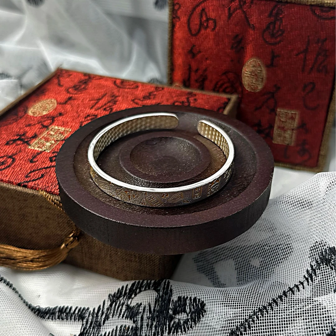 足银手镯 999.9【183】28g 描金色开口吉言经典百搭手工时尚复古