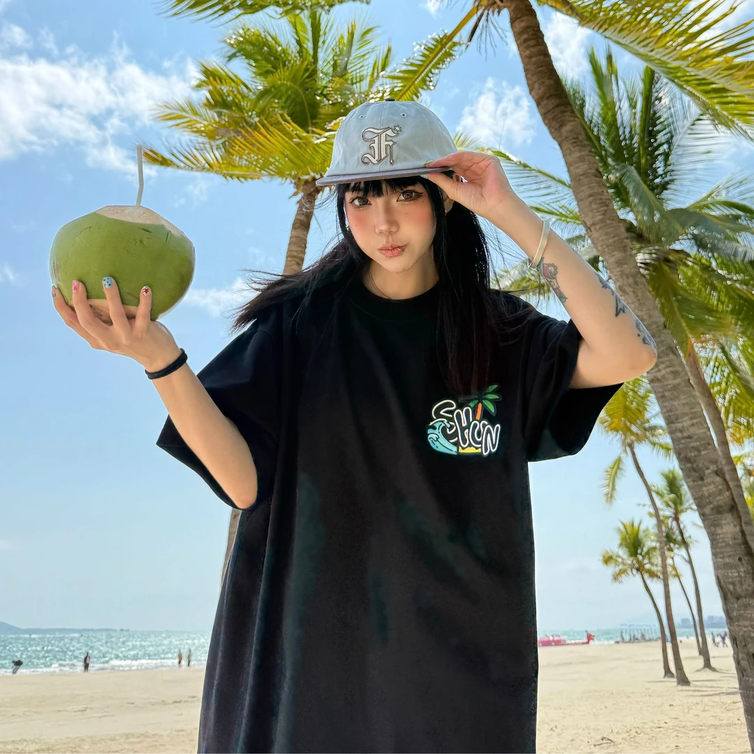 666SHUN椰树海浪短袖T恤男夏季潮牌小众设计感情侣休闲宽松体恤衫