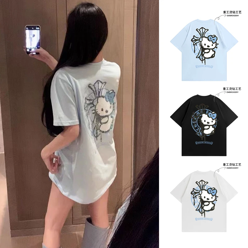 【现货-重工烫钻】Kitty甜心短袖T恤女夏季新款宽松印花设计感上衣