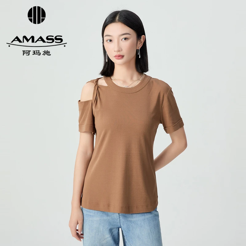 阿玛施AMASS 独特造型漏肩款简约素面时尚短袖T阿玛施条纹短袖T恤