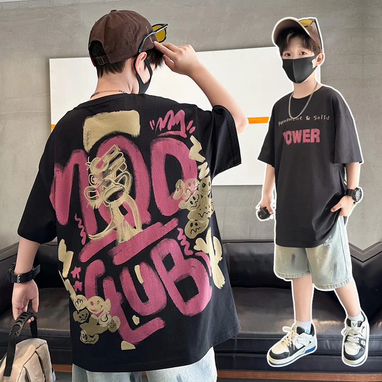 男童短袖T恤夏季薄款中大童字母涂鸦潮酷宽松儿童休闲半袖洋气帅
