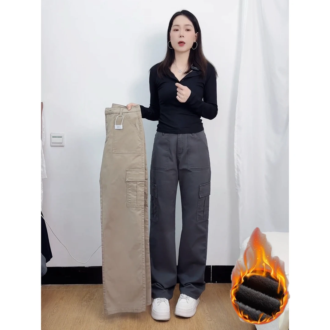 窄版直筒高腰牛仔工装裤女秋冬加绒显高显瘦腿休闲运动拖地长裤