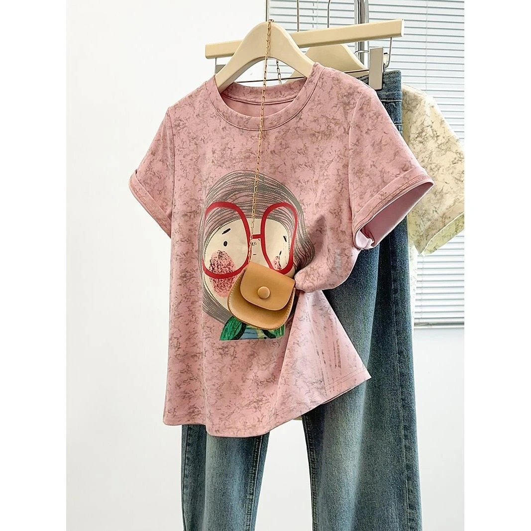 微胖mm大码女装时尚卡通印花扎染短袖t恤夏季新款显瘦遮肚子上衣