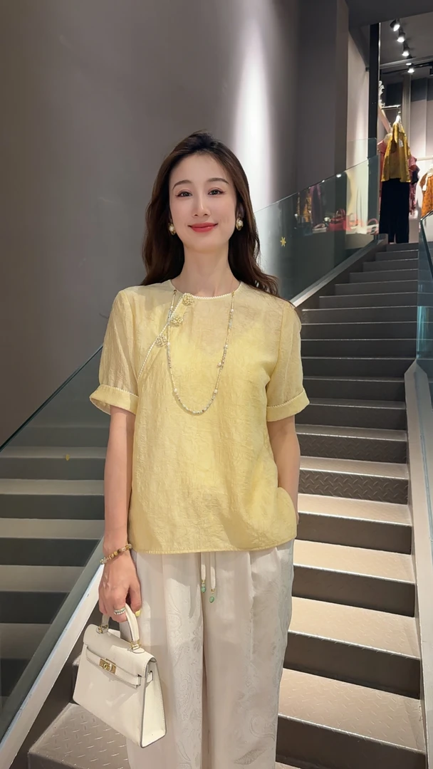 《秀秀定制》时尚夏季百搭复古宽松圆领中式气质衬衫5528