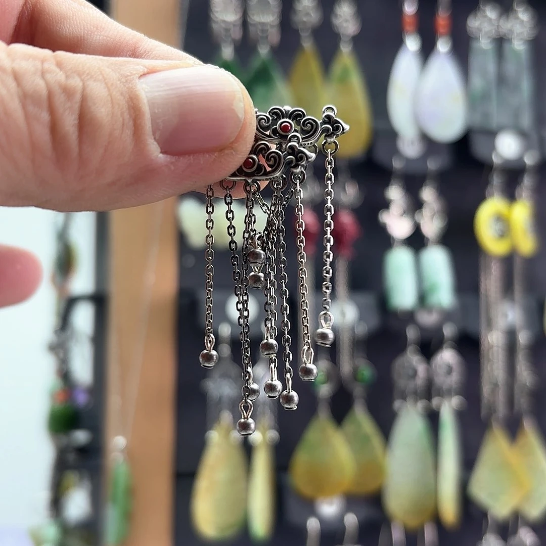 翡翠耳饰银S925镶嵌纳*玥