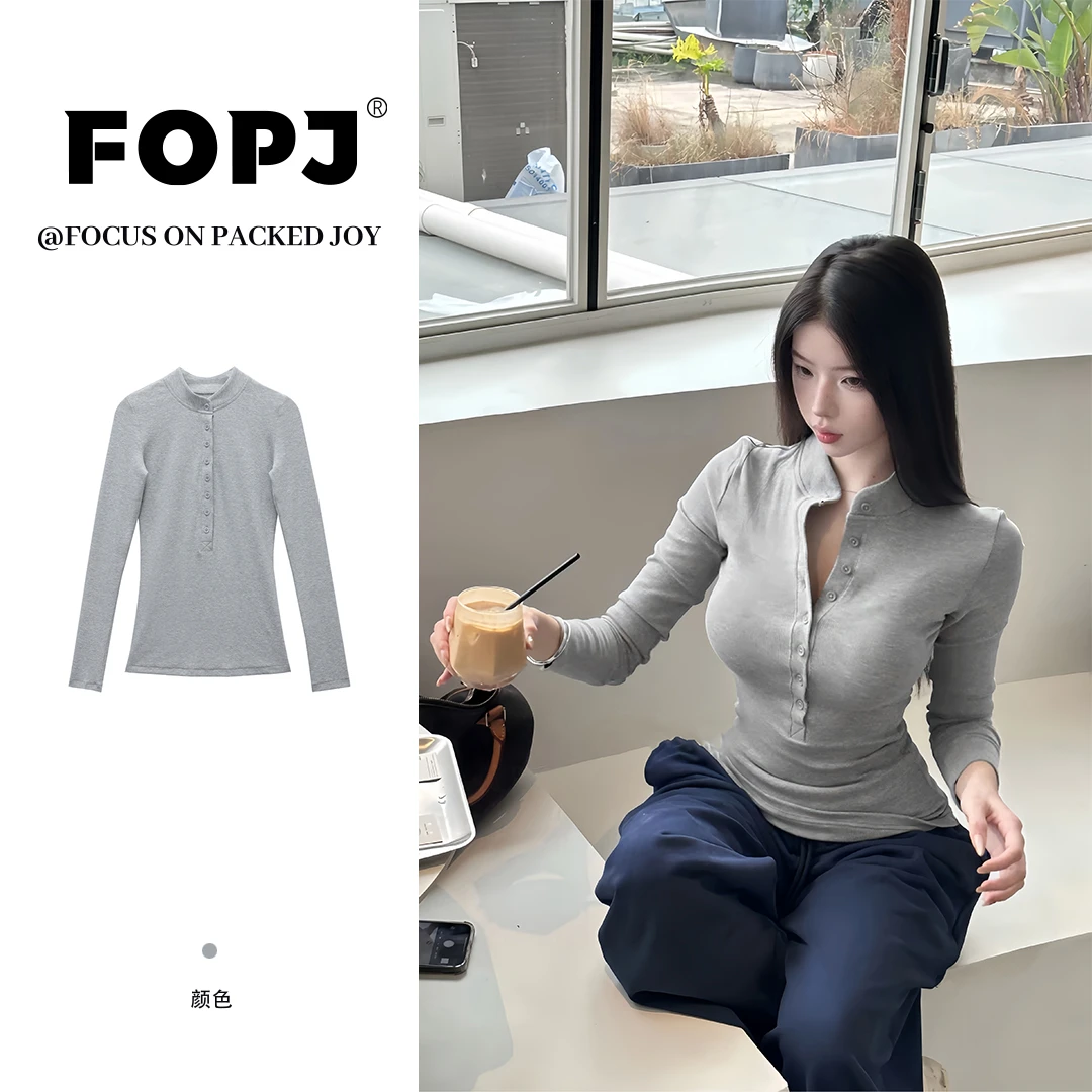 FOPJ秋季新款修身显瘦长袖t恤女纯色半开领纽扣设计时尚高级上衣