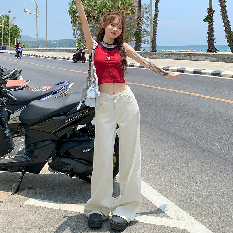 酷飒风阔腿2025白色新款高腰显瘦宽松百搭老钱风直筒薄款牛仔裤