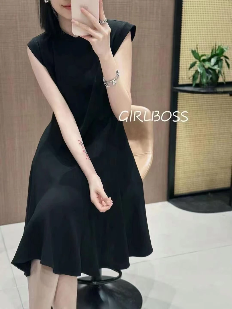 夏季圆领无袖连衣裙连衣裙拼接时尚修身长裙气质轻奢23548