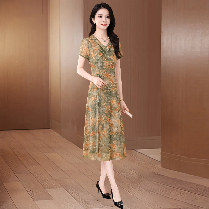 拉夏贝尔连衣裙低领印花旗袍女夏2025新款轻奢高级感高贵洋气裙子