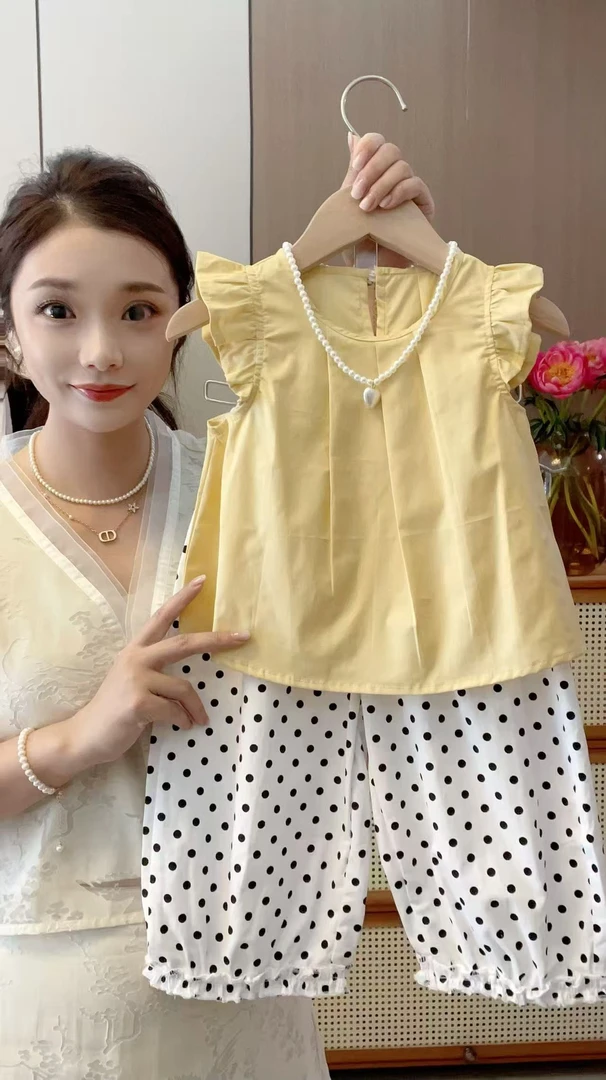 女童夏季波点套装套头薄款套装奶黄色纯色飞袖九分裤两件套韩版潮