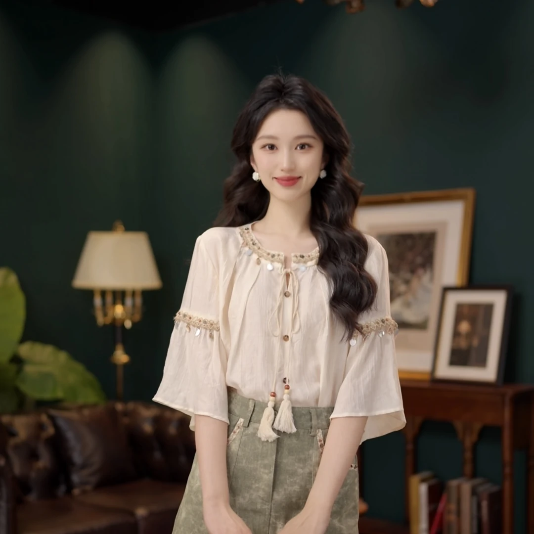 琦琦【信风港】温柔衬衣休闲百搭短袖衬衫夏季宽松上衣YS1113224