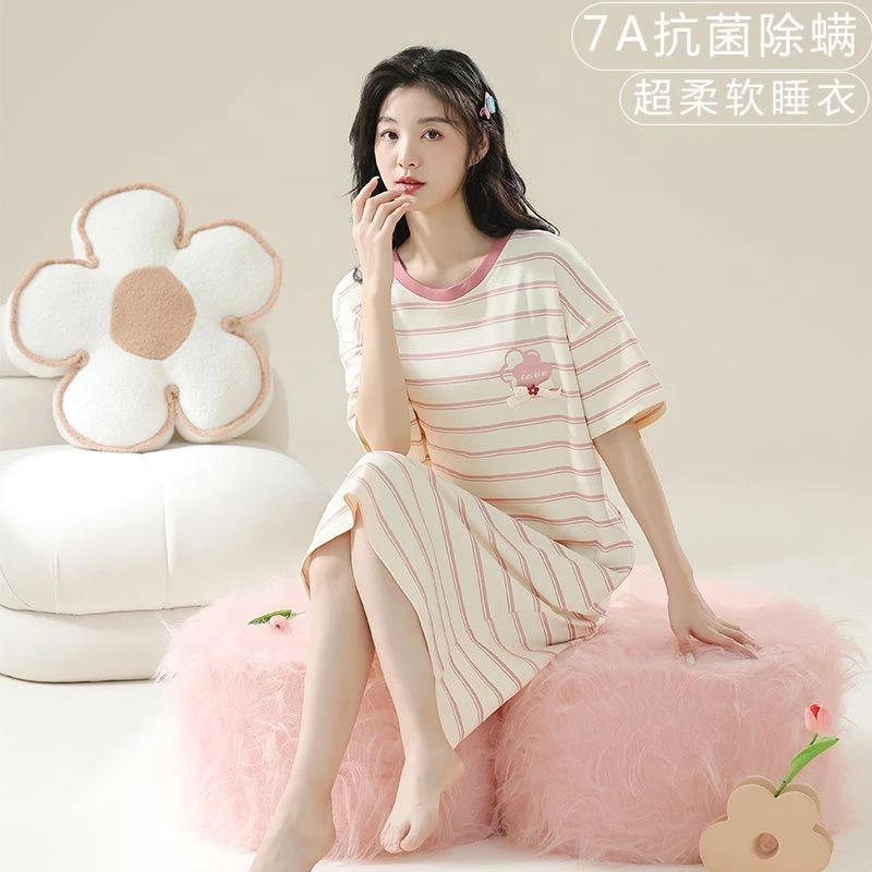100%纯棉睡裙女夏季中长款过膝宽松加大码外穿学生孕妇甜美家居服