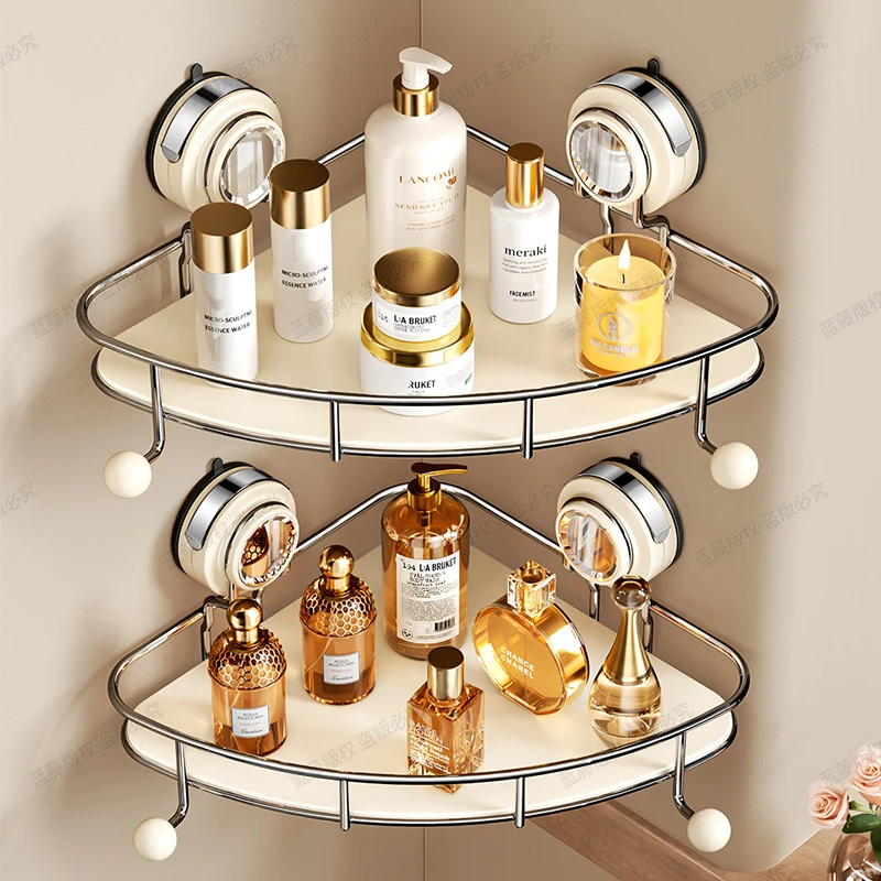 吸盘免打孔卫生间置物架浴室三角收纳架厕所淋浴洗手壁挂转角架子