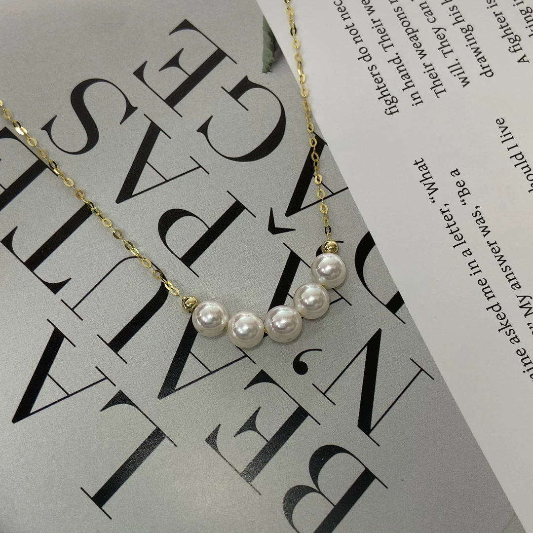 海水akoya珍珠【微笑脸】5珠18K厚金天女彩凛小灯泡平衡木项链百搭