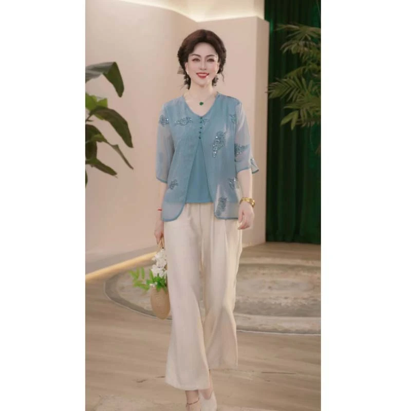 罗蒙妈妈装2025春夏新款中国风上衣V领衬衫中年女装宽松小衫套装