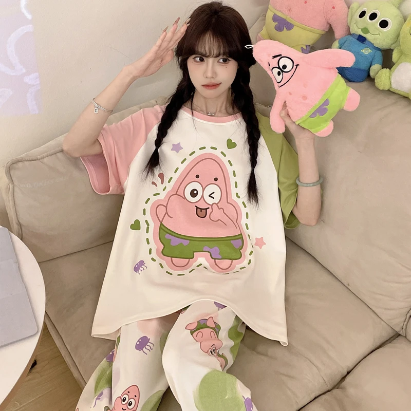 纯棉睡衣女夏季短袖长裤薄款卡通胖mm加大码200斤家居服学生套装