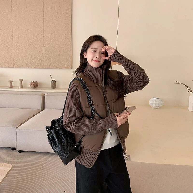 韩系甜美粉色针织拼接短款棉服女冬季棉衣设计感立领外套宽松上衣