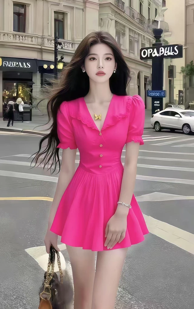 夏季新款氛围感温柔纯欲千金风玫红色V领短袖收腰显瘦气质连衣裙