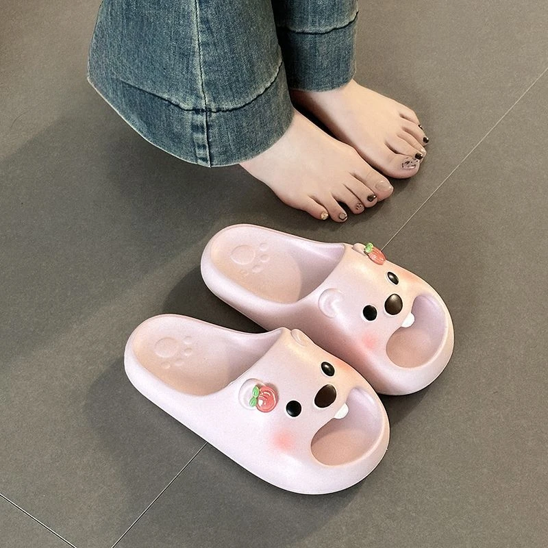 时尚百搭可爱卡通海狸拖鞋女外穿2025春夏新款舒适居家平底一字拖