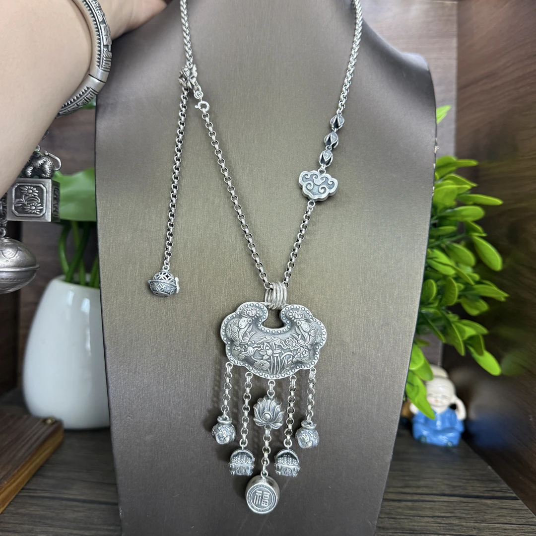 吊坠足银 小郑家纯银手工錾刻坠链