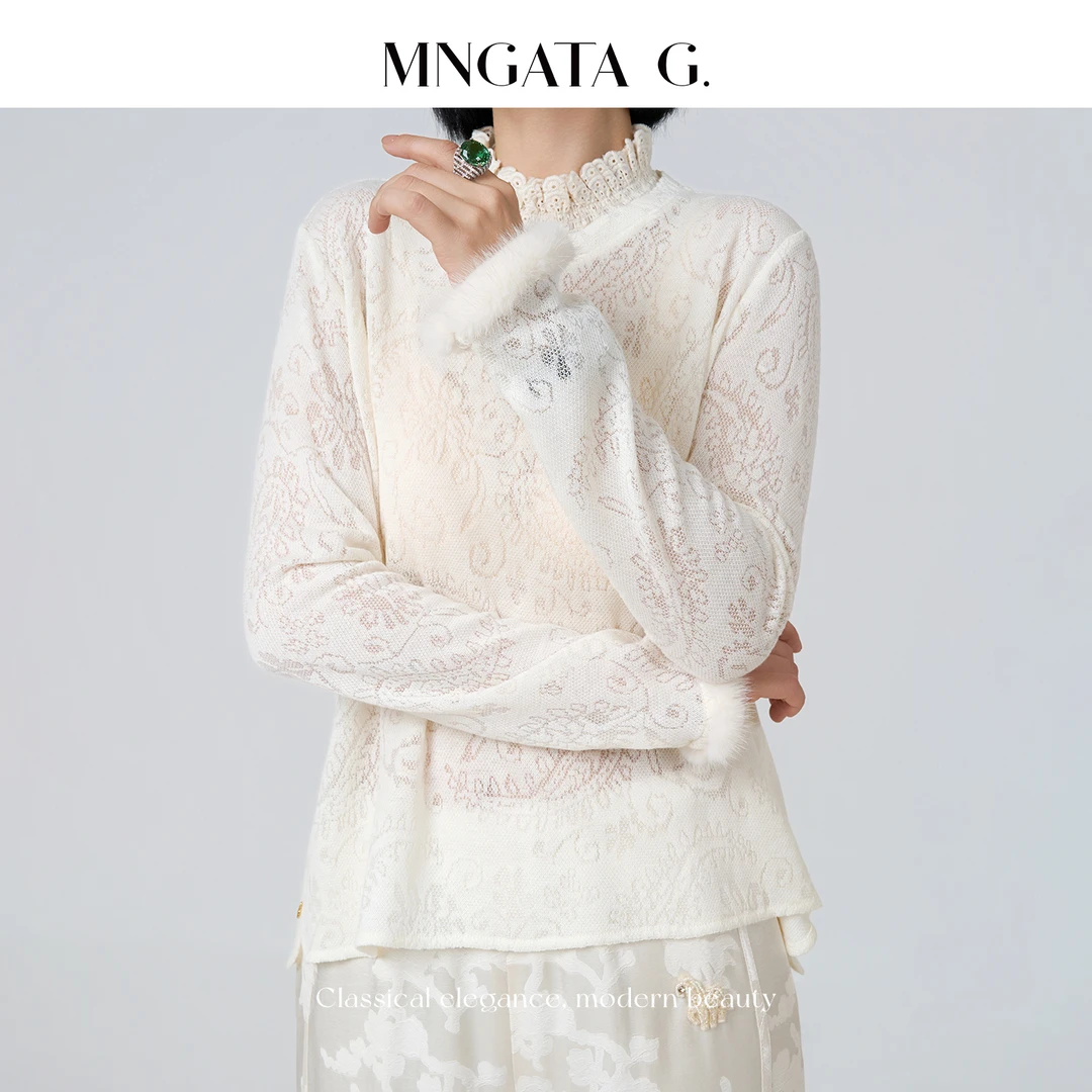 MNGATA G.宫小妍【水貂毛·舒芙蕾】半高领木耳边新中式上衣5102054