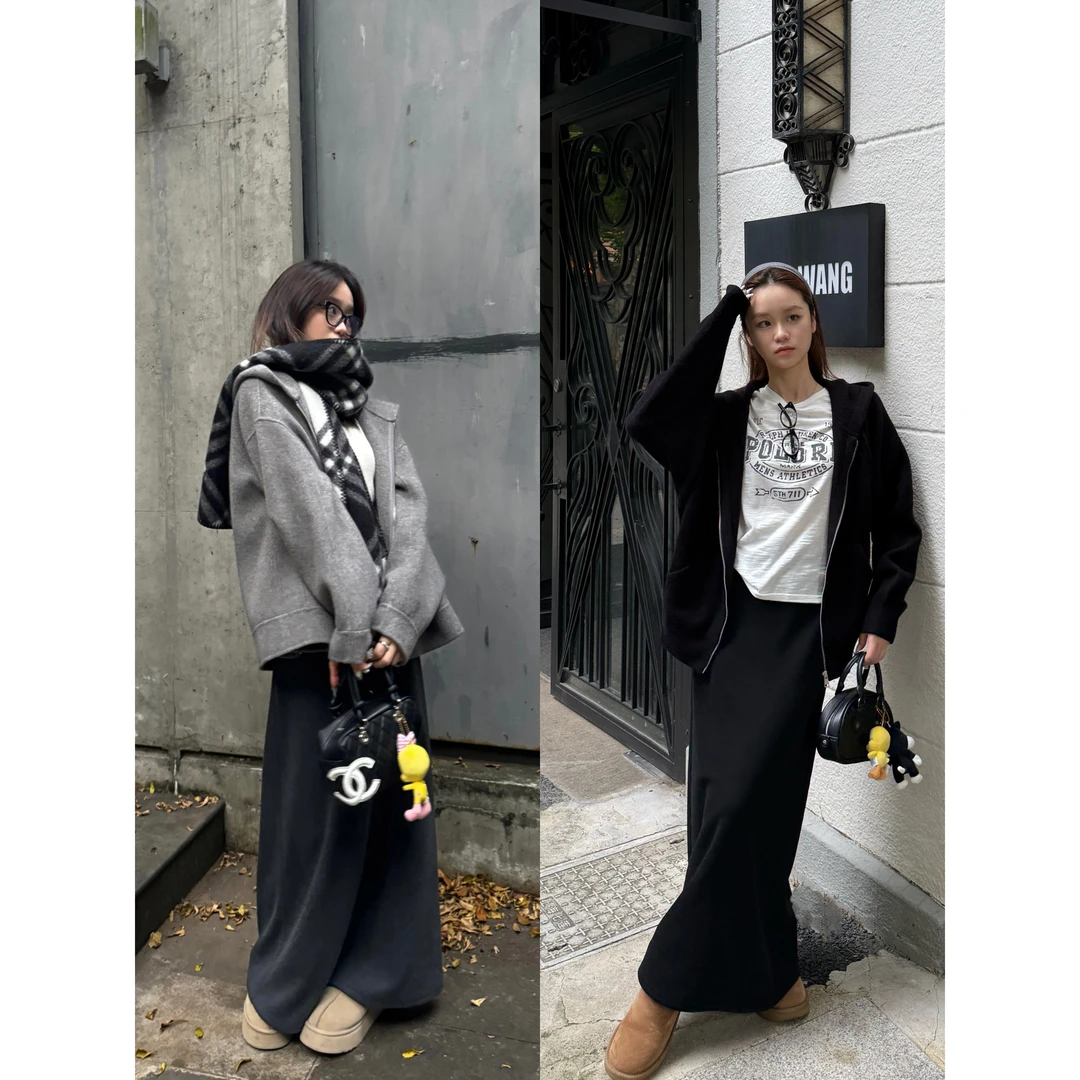 SEVEN也醋酸羊毛半裙女韩版慵懒裙子2024新款冬季灰色毛呢半身裙