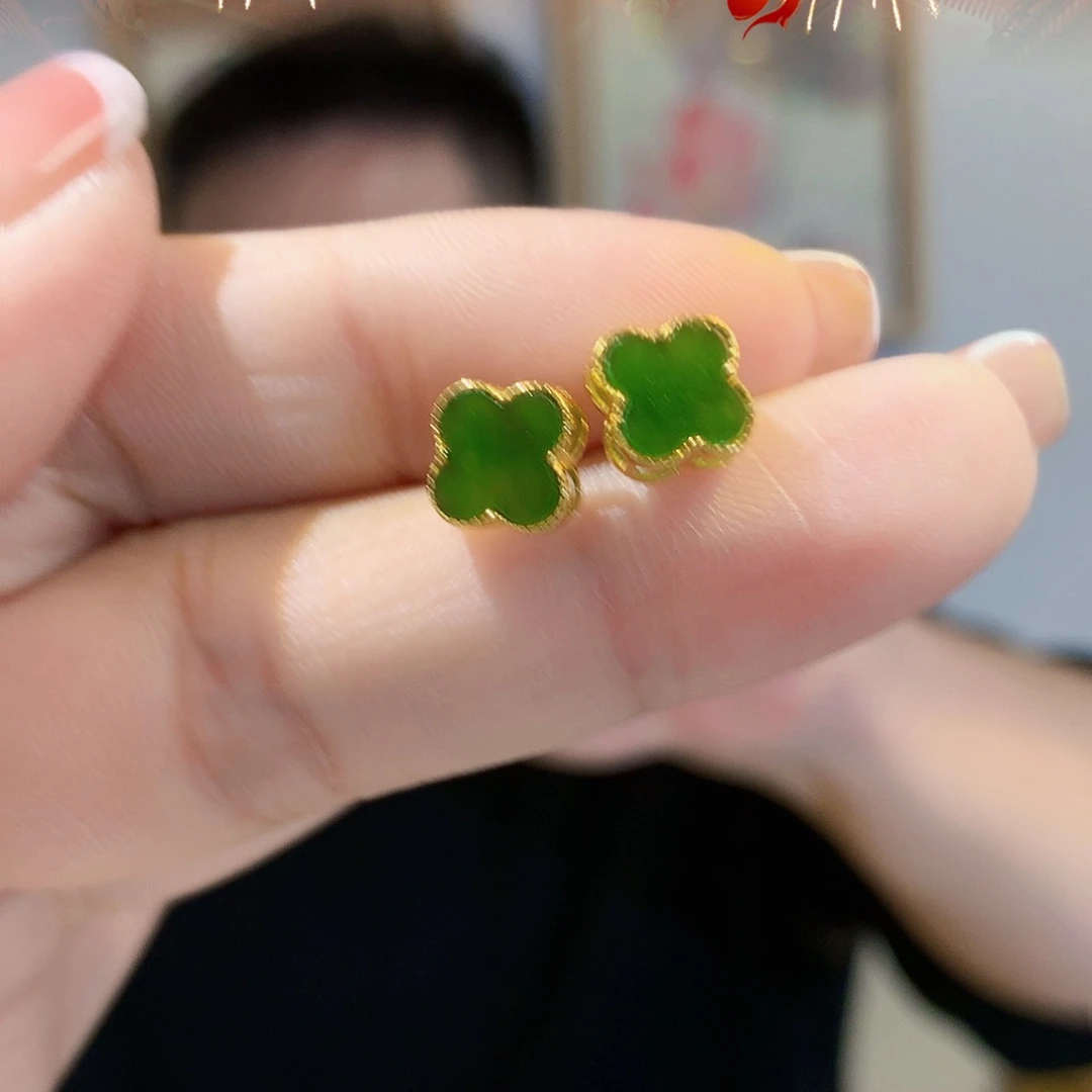 和田玉（碧玉）耳饰银S925镀金镶嵌