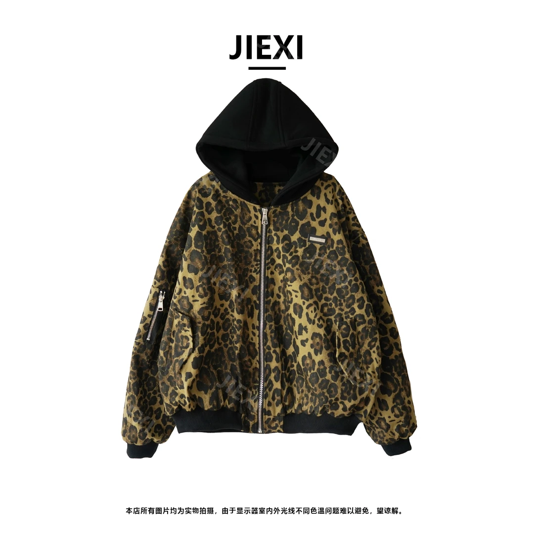 JEIXI冬季复古大码加棉加厚豹纹外套大板型连帽夹克外套jx98506