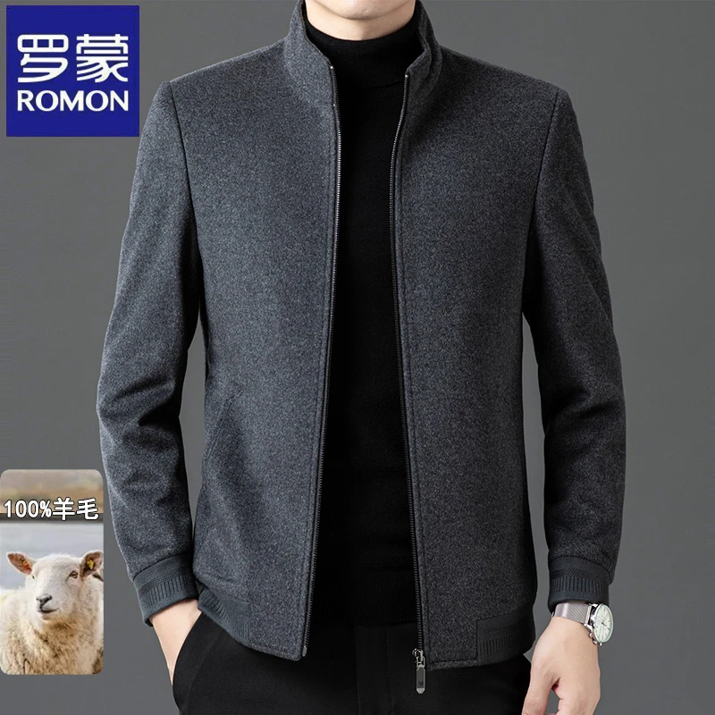 罗蒙高档羊毛呢夹克秋冬季商务保暖立领外套男士中年休闲亲肤男装
