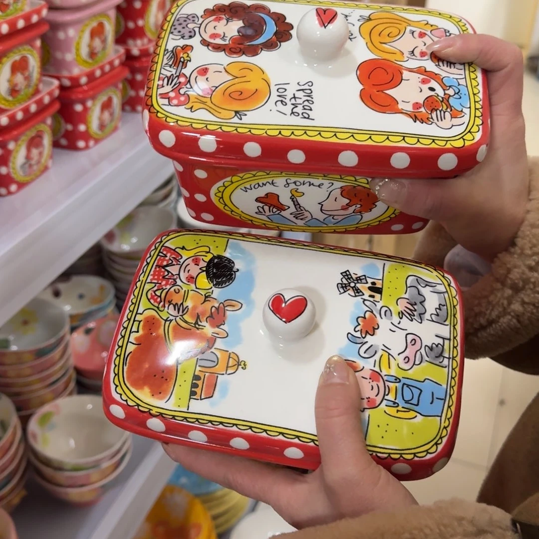 瓷片荷兰红波点黄油盒2只，各一色