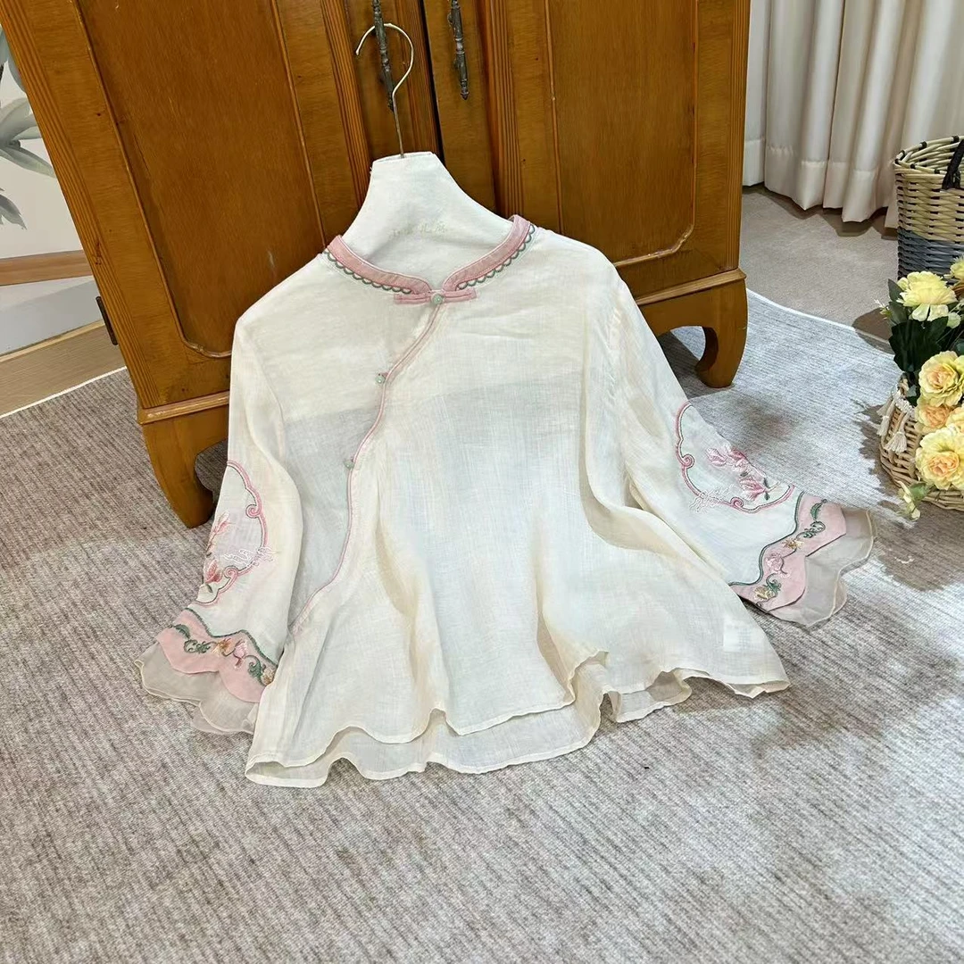 3228 国风中式斜襟盘扣刺绣苎麻衬衫女2025夏季新款百搭女式上衣