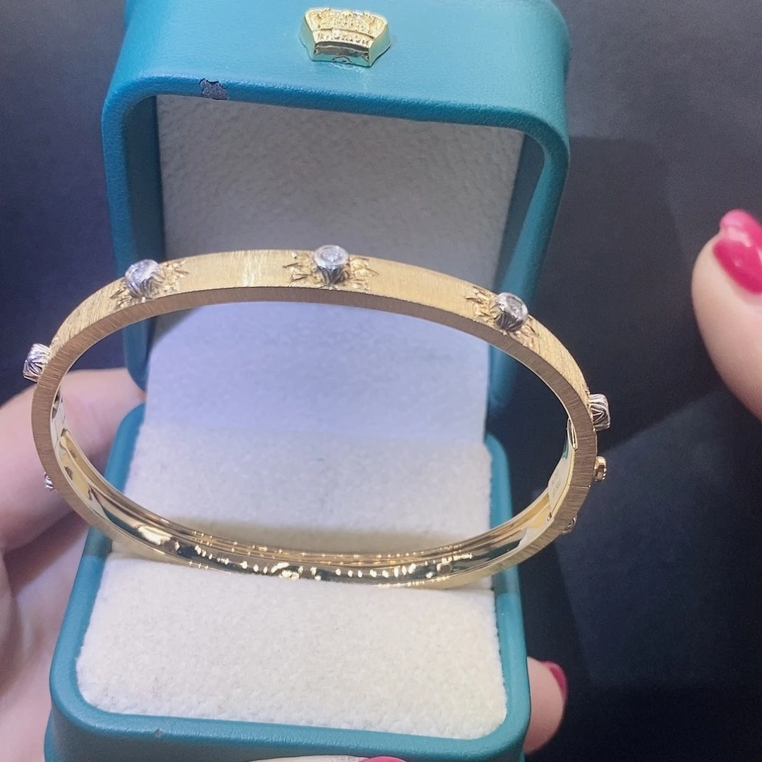 钻石手镯18K金镶嵌5mm拉丝手镯k黄17