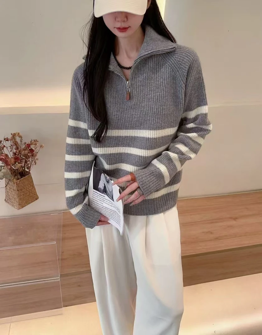 秋冬新款半拉链全羊毛针织衫女条纹宽松高级感毛衣