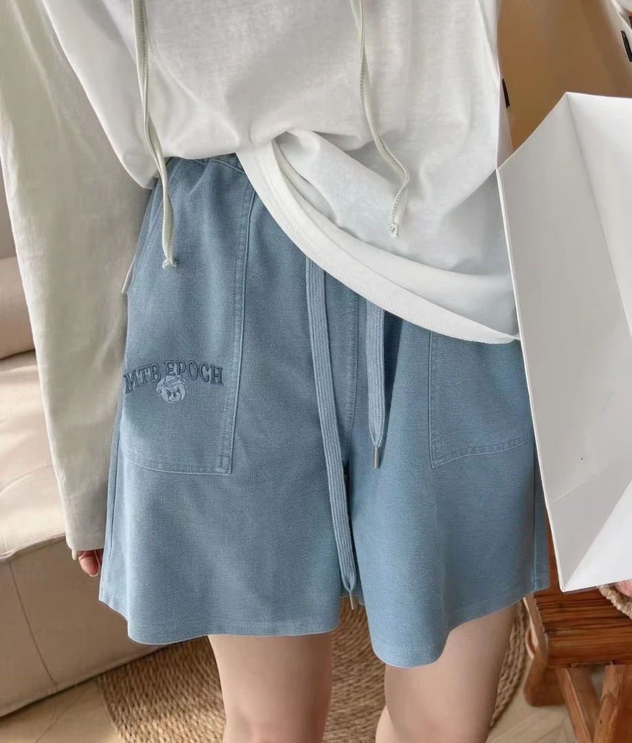 小雅姐姐 夏季刺绣小熊大口袋休闲牛仔短裤IQ96