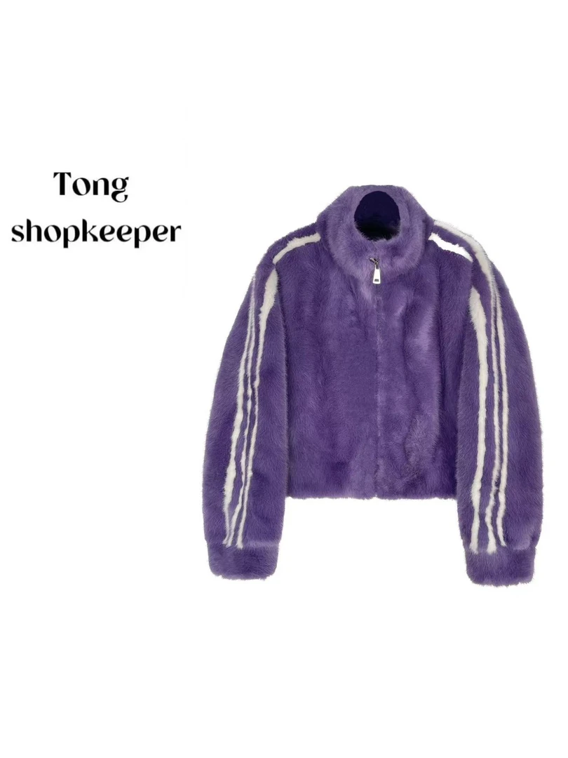 QJ/彤掌柜1681222 紫气东来欧尼时尚小草条纹袖子设计拉链外套