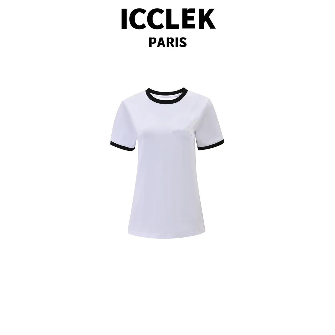 ICCLEK 白色圆领撞色刺绣短袖T恤 百搭 蓝色 时尚 -5249