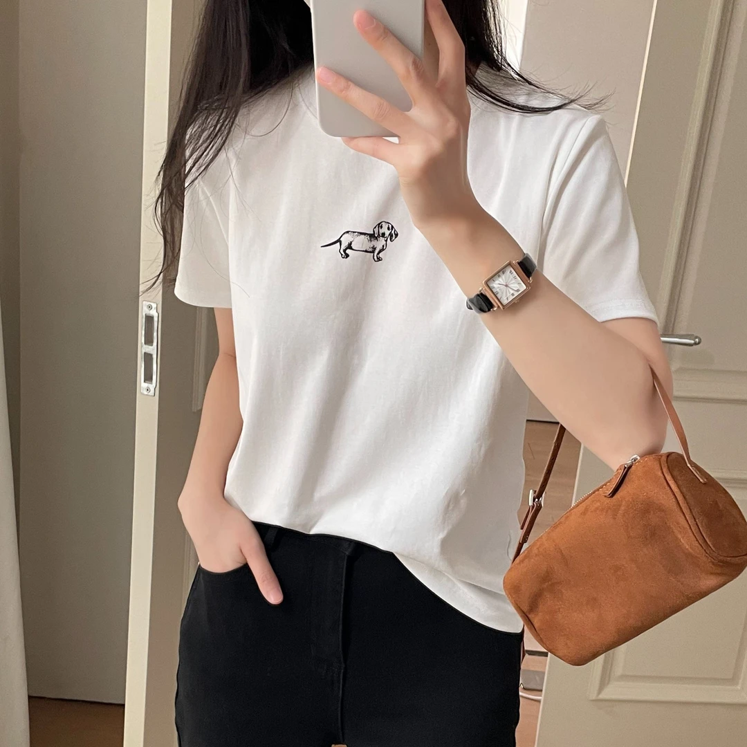 「可爱腊肠狗 无感印花」赛罗棉 短袖T恤女 春季韩版休闲百搭T111