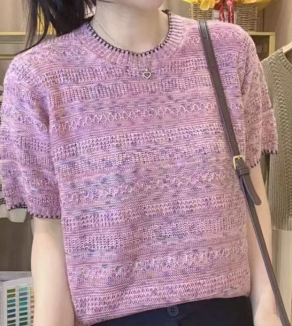 设计款花边圆领针织上衣2025夏季新款时尚气质百搭小众显瘦短袖女