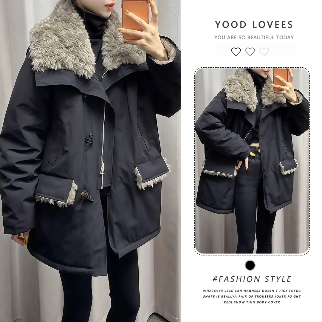 设计款休闲百搭宽松中长款外套潮2025冬季新款时尚纯色翻领上衣