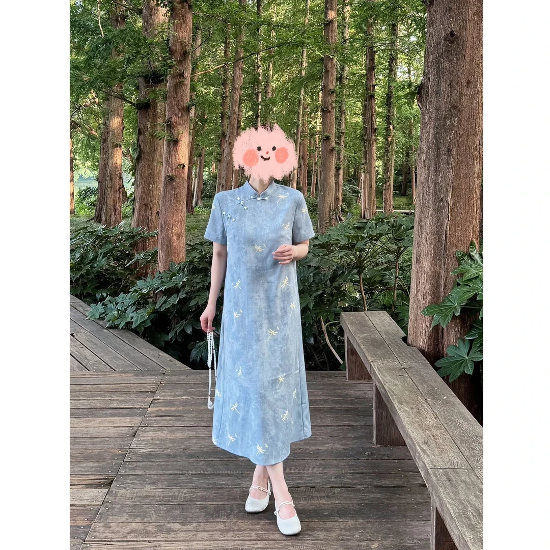 【静山蜓】新中式别致小蜻蜓图案短袖旗袍连衣裙