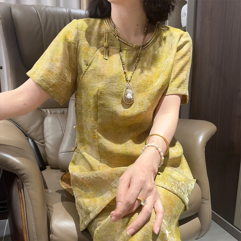 古典素雅简约新中式短袖女2025年夏季新款宽松盘扣开衩大码套装