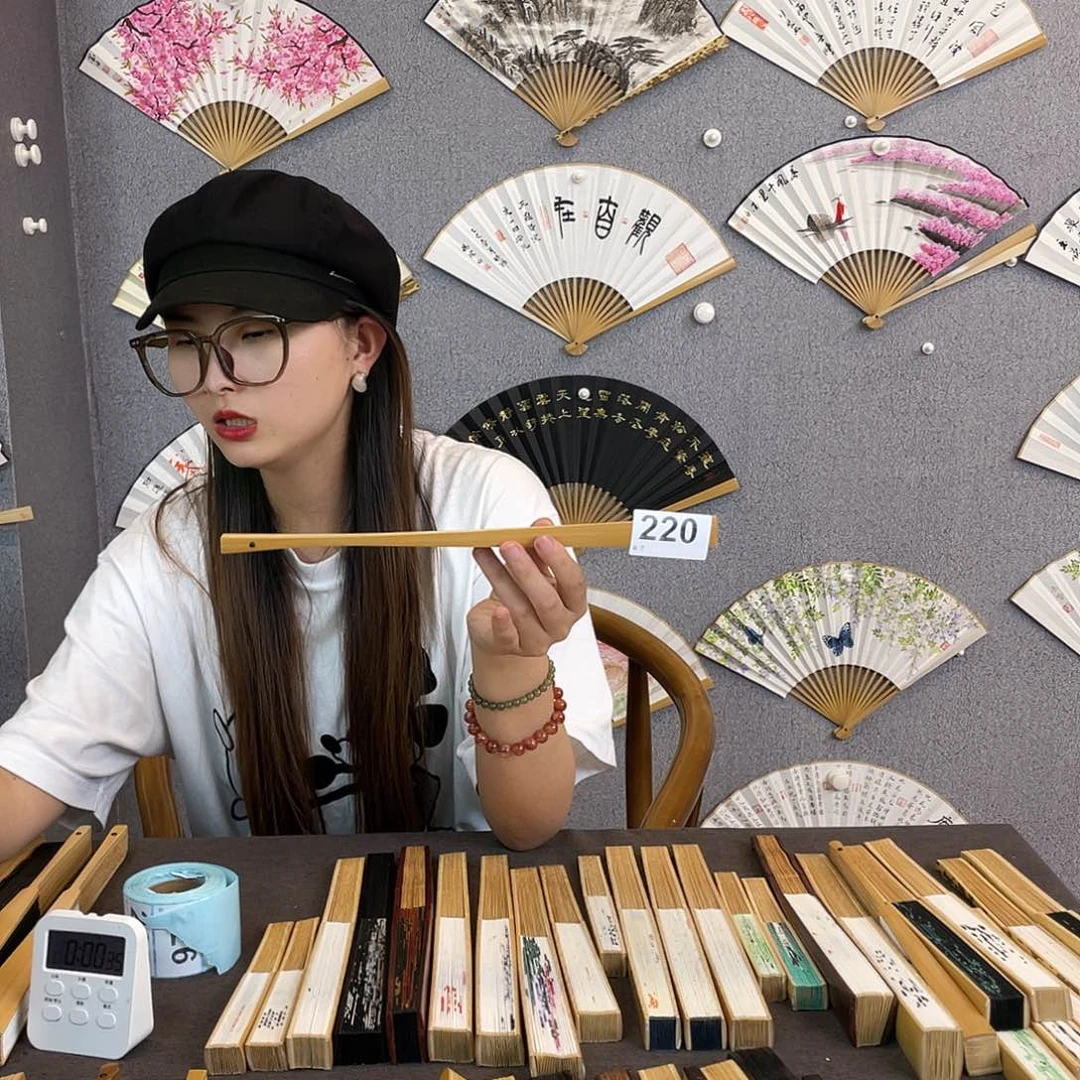 书法95寸玉竹-纯手绘-文玩扇骨（默认粘好）编码220