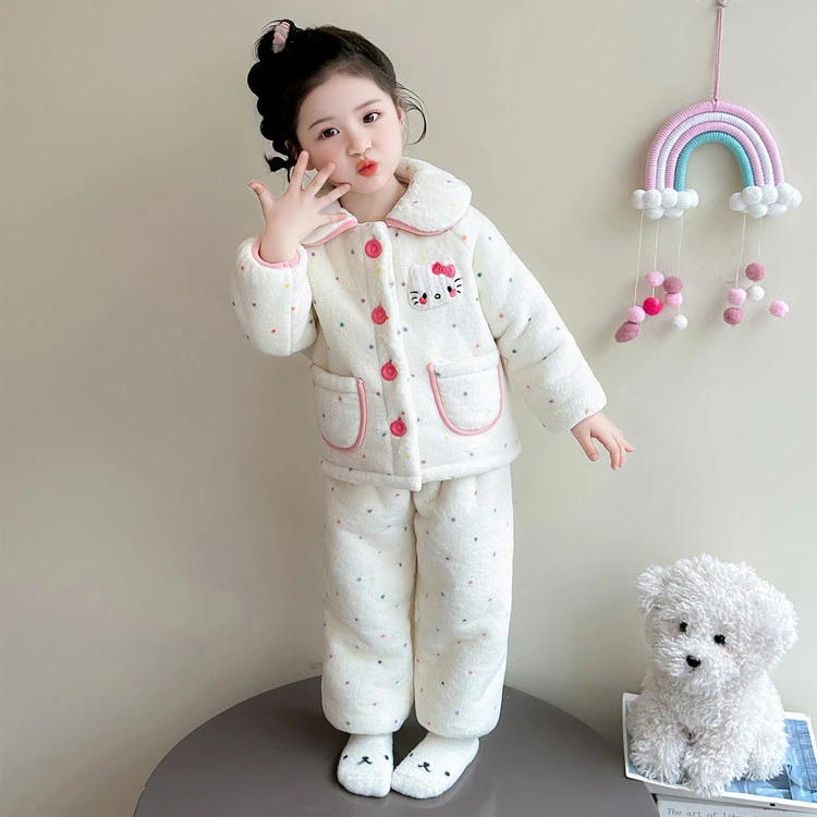 女童睡衣秋冬2025新款儿童考拉绒家居服女孩宝宝加厚加绒套装冬