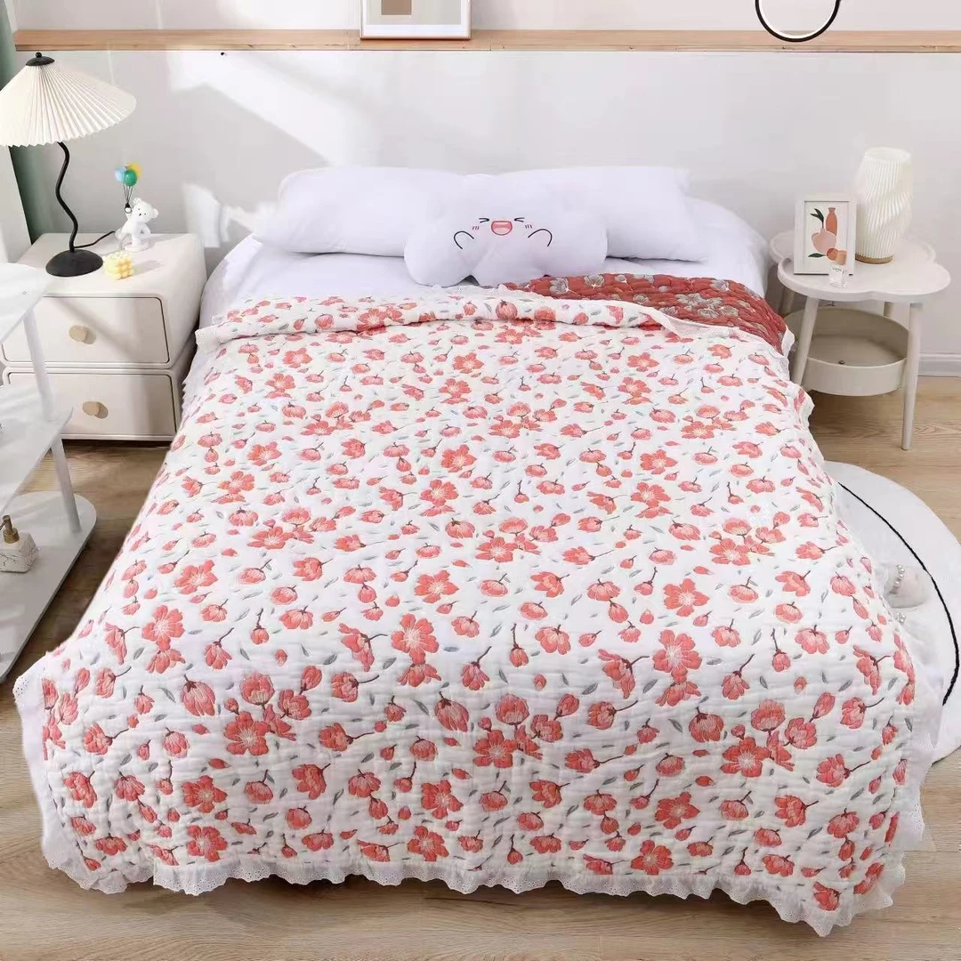 樱落-粉色纯棉纱布花边泡芙被1.5*2米