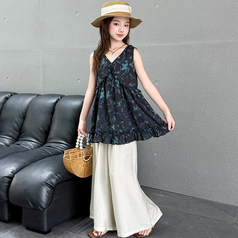 女童薄款夏装两件套时尚韩版无袖上衣中大童阔腿裤儿童衣服套装潮